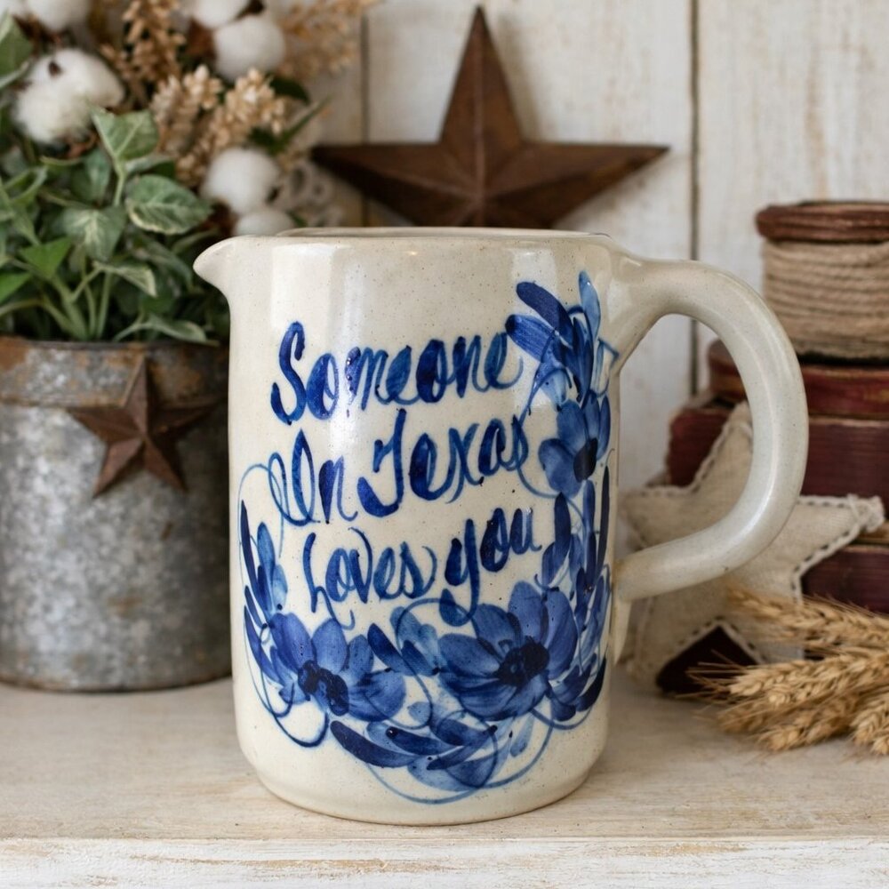 Yesteryears Someone In Texas Loves You Hand Turned Painted Pottery Pitcher Small